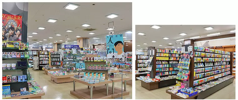 店頭の話題の本と充実した書籍棚