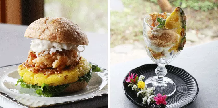 「ゆばMeetバーガーHawaii」と「ゆばパフェ トロピカル」